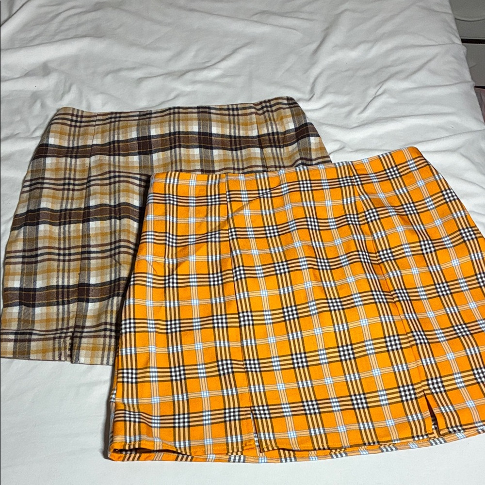 Plaid Mini Skirt Set - Orange and Brown